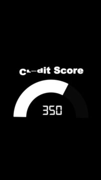 Credit score meter showing low numerical values. Digital gauge dial symbol for finance risk analysis. Animated speedometer graphic on black background.