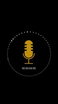 Golden microphone icon with digital countdown timer. Vocal mic symbol with yellow audio spectrum waves. Animated audio visualizer graphic on black background.
