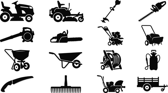 Lawn Care Icons Set Vector Black Gardening Landscaping Tools Collection
