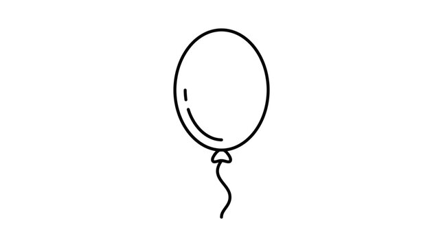 Balloon floating on a string is depicted as a single line art icon to represent fun, childhood playfulness, parties, and festive celebrations in this clean and simple minimalist vector graphic design.