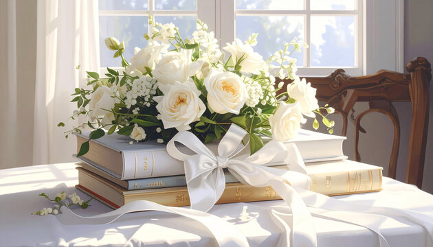 White roses bouquet on stack of vintage books elegant decor