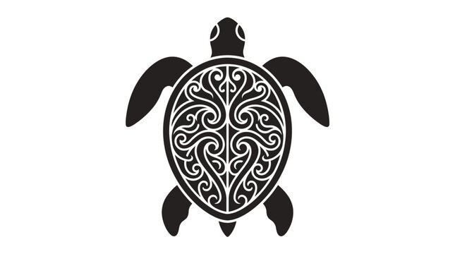 A stylized sea turtle graphic featuring intricate tribal patterns in a bold black and white design