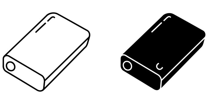 Portable external hard drive outline and solid icon in isometric view on white background