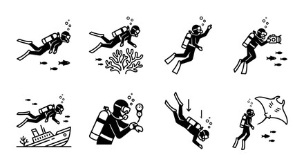 Scuba divers appear in various underwater actions including swimming with fish, exploring coral reefs, observing a shipwreck, and interacting with a manta ray in this detailed aquatic icon collection. © Galih