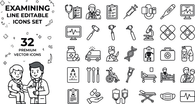 Set of thirty two medical examination icons featuring doctors and healthcare diagnostic equipment in a hand drawn doodle style