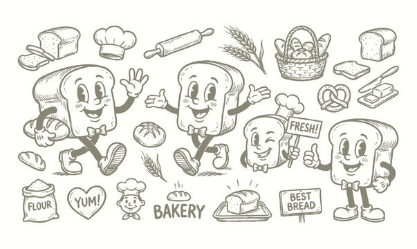 Retro white bread slice cartoon mascot characters set with bakery doodles vector illustration