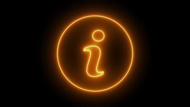 Glowing neon information symbol pulsing on black background, for digital interface