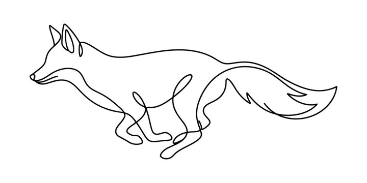 Minimalist continuous line drawing of a running fox in motion
