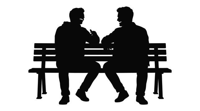 Silhouette vector illustration of two men sitting on park bench talking to each other happily