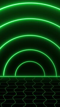 Green neon arches and technology grid lines on dark background. Retro semicircles symbol for 80s futuristic computer space. Animated geometric graphics.