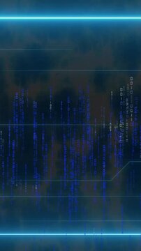 Futuristic digital grid with falling binary code and blue frame. Technology border symbol for computer server screen readout. Animated interface layout.