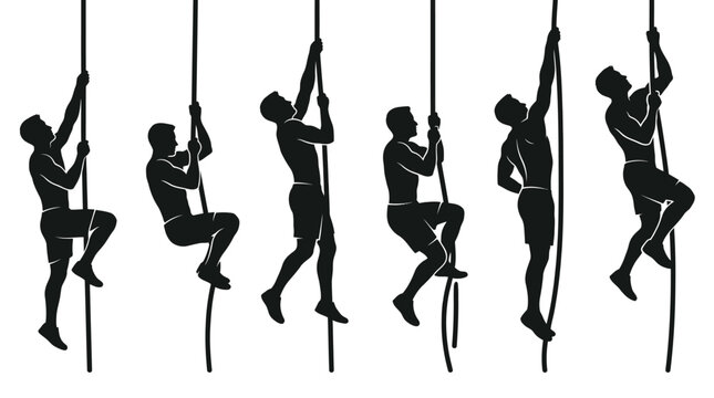 Athletic men performing rope climbing exercises in various poses displayed as a black silhouette collection set