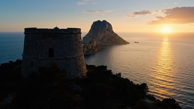 An ancient stone watchtower stands on a cliff overlooking the iconic Es Vedra rock formation. The golden hour light creates a peaceful and majestic atmosphere. Perfect for travel and tourism content.
