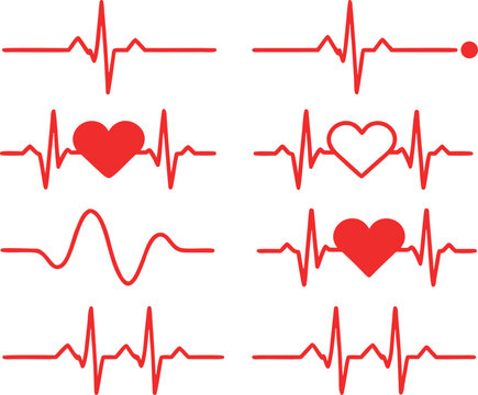 Set of heart beat icons, ekg or ecg lines, pulse rhythm, cardiogram vector illustration, medical heart rate signs
