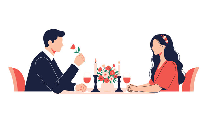 Elegant couple sitting at a dining table with candles and wine enjoying a romantic date night in a clean flat illustration style.