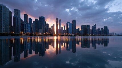 Obraz premium City skyline at sunset with reflection on water and dark clouds in the sky