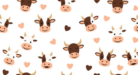 Fototapeta premium Seamless pattern featuring cute cartoon cow faces with various expressions and pink hearts for a playful and sweet design.