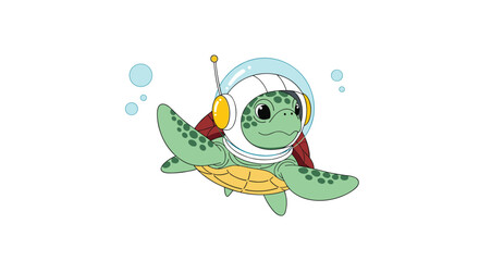 Obraz premium Cute green sea turtle wearing an astronaut helmet and floating through water with bubbles like in outer space.