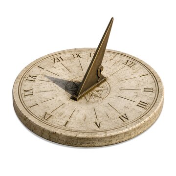 A sundial sits on a flat surface. Its gnomon points toward the sky, casting a shadow on the dial. Roman numerals mark the hours around the circular base