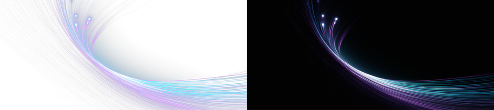 Abstract curved glowing fiber optic cable on white and black background with purple and teal gradient lines. Futuristic glowing wave lines banner with illuminated glowing points on dark