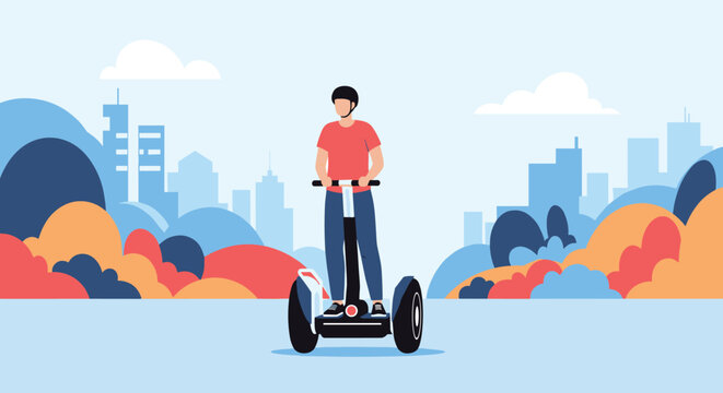 Man wearing a helmet and red shirt riding a modern self balancing electric scooter through a stylized colorful urban park with city silhouettes.