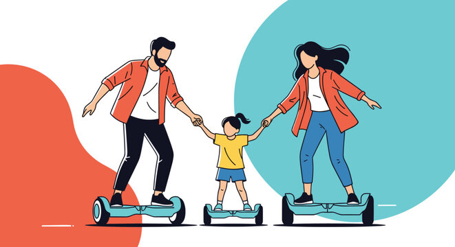 Happy family consisting of mother father and young daughter riding electric hoverboards together during a fun outdoor activity in a modern style.