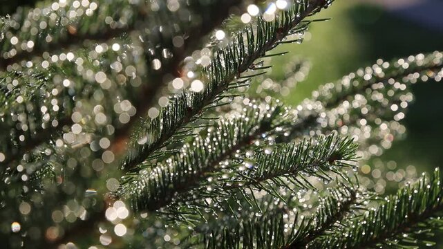 Glistening Water Droplets on Tree Branch, Post-Rain Sunlight - Seamless Loop - Zooming