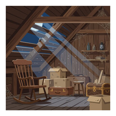 Abandoned wooden attic with rocking chair and dusty boxes. © Kloso