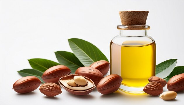argun nuts and oil with green leaves white background cracked open nuts falling food image for health and beauty raw food and cosmetic ingredient hair shampoo and vitamin benefits