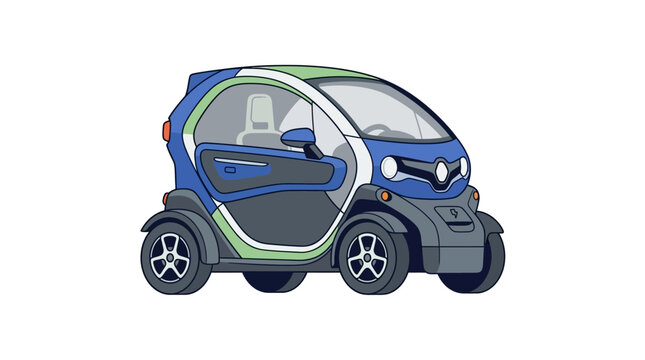 Modern electric microcar with blue, white, and green accents, isolated on white background.