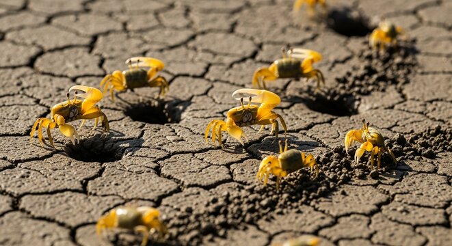 Small bright yellow crabs crawling on cracked dry mud ground next to their sand holes on a sunny day