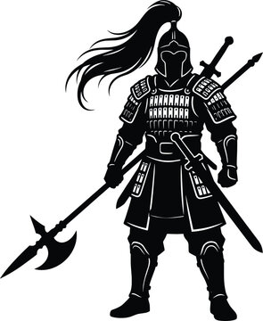 Ancient warrior silhouette holding halberd weapon, samurai fighter in full armor, historical fantasy soldier character, isolated black graphic background