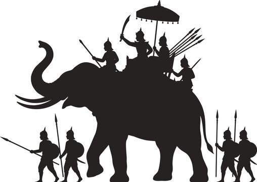 Ancient Thai war elephant silhouette, traditional Southeast Asian warriors, historical military procession, royal battle army illustration, white background