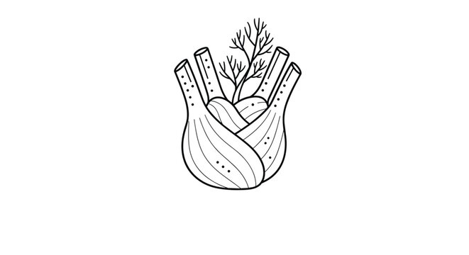 Detailed line drawing of a fresh fennel bulb with its long stems and delicate feathery leaves on a white background.