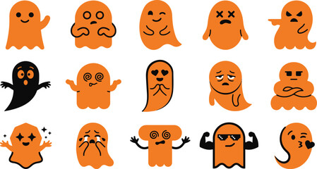 Fototapeta premium Set of cute orange ghost characters with various expressions for halloween party decorations and digital sticker designs