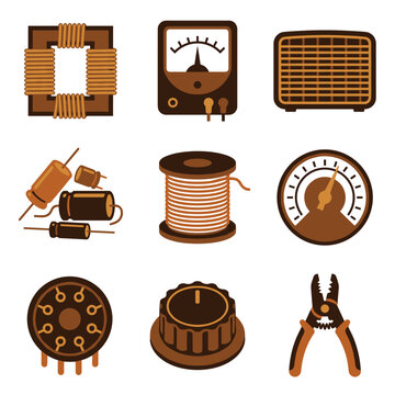 Pixel art electrical component icon set featuring transformers, capacitors, analog meters, coils, and wire cutters for electronic hardware repair