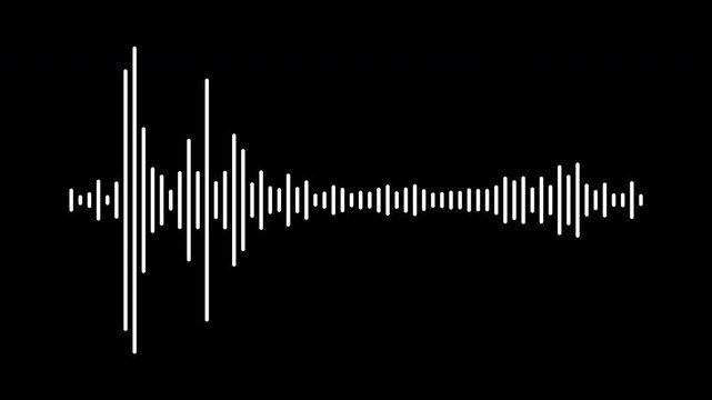 Modern white sound wave animation, audio frequency graph, music beat visualizer, streaming overlay effect, voice recorder waveform, black background with alpha channel, seamless 4k loop