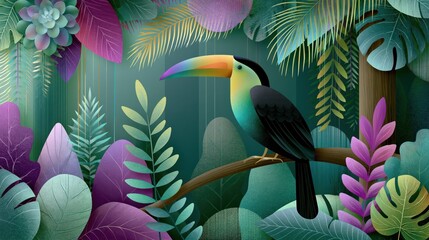 Obraz premium Colorful toucan sitting on a branch among tropical leaves in a forest landscape during daylight