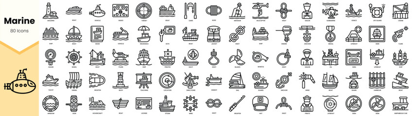 A diverse collection of marine-themed icons illustrating various aspects of ocean life and maritime activities. © TriMaker Pro