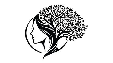 Fototapeta premium Elegant black and white profile silhouette of a woman featuring a detailed tree with leaves