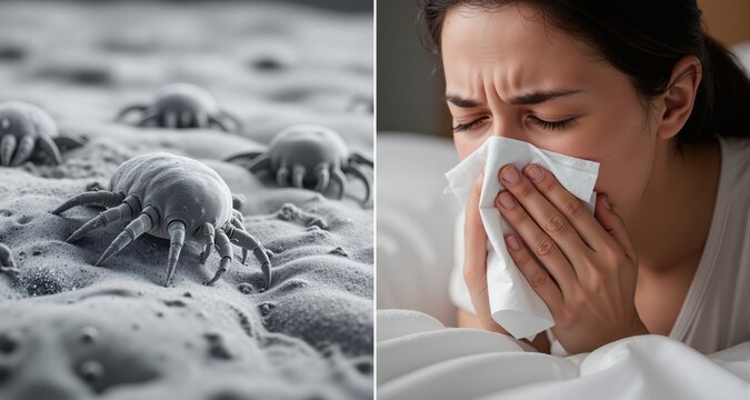 Close-up of dust mites on bedding with person sneezing from allergy and nasal congestion

