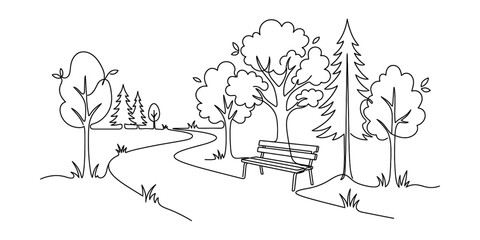 Obraz premium Black and white line art drawing of a peaceful forest path