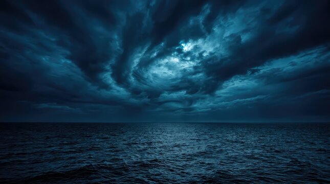 Dramatic night sky with bright moonlight shining over a dark city skyline and dense storm clouds
