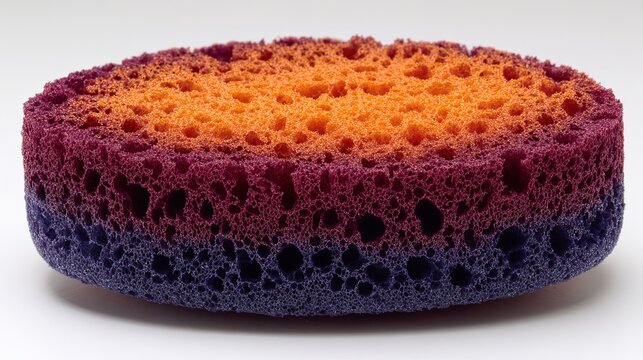 A vibrant, colorful sponge with a gradient of purple, orange, and yellow hues, showcasing its porous texture against a clean white backdrop