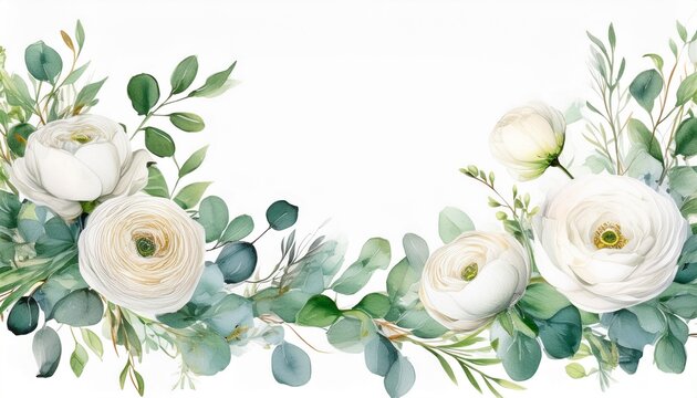 watercolor floral border with white ranunculus flowers and green eucalyptus leaves on a white background
