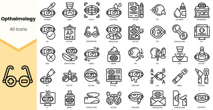 A collection of 40 ophthalmology icons highlighting various eye care procedures and tools.