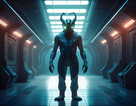 Full body cinematic shot of an eerie extraterrestrial alien creature standing inside a dark futuristic spaceship corridor, generative AI