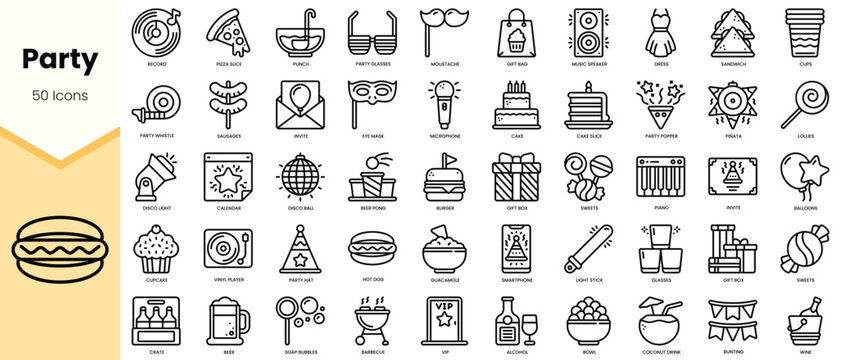 A collection of 50 party-themed icons in a minimalist line art style, perfect for celebrations.