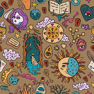 Magical fairy tale characters vector seamless pattern. Esoteric elements. Drawing for paper, cards, childish scrapbooking with esoteric elements. Perfect for textile print. 