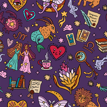 Magical fairy tale characters vector seamless pattern. Esoteric elements. Drawing for paper, cards, childish scrapbooking with esoteric elements. Perfect for textile print. 